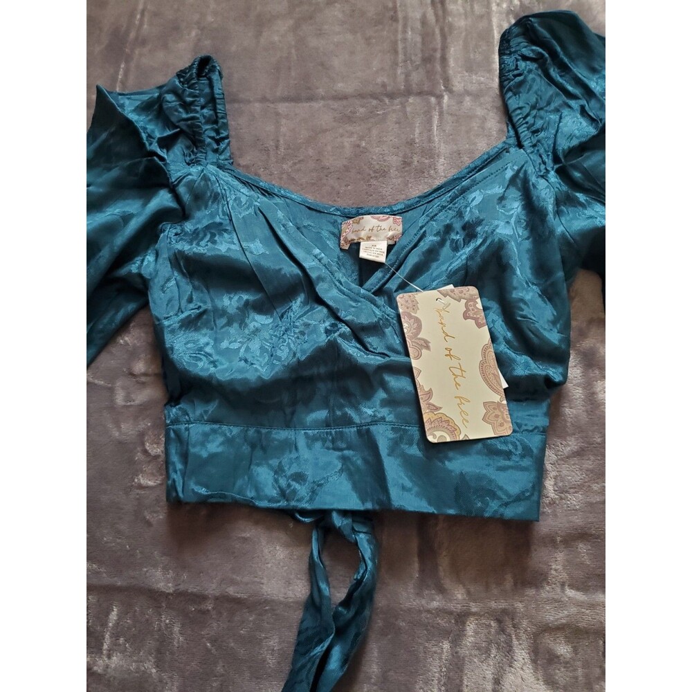 Band of the Free Top Womens XS Deep Teal Long Sleeve Jacquard Tie Waist Boho - Picture 4 of 15